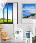 Easy Portable AC Window Vent Kit With Adjustable Vertical Or Horizontal Sliding Window Plate For Window AC Units, 5.9 Inch Diameter Seal And 59 Inch Exhaust Hose, Perfect For Quick No Mess Cooling At Home Or Office shown in use on horizontal and vertical windows.
