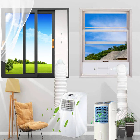 Easy Portable AC Window Vent Kit With Adjustable Vertical Or Horizontal Sliding Window Plate For Window AC Units, 5.9 Inch Diameter Seal And 59 Inch Exhaust Hose, Perfect For Quick No Mess Cooling At Home Or Office shown in use on horizontal and vertical windows.