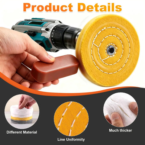 Pro Grade 4 Inch Metal Buffing And Polishing Kit For Drill with polishing compound and adapter displayed