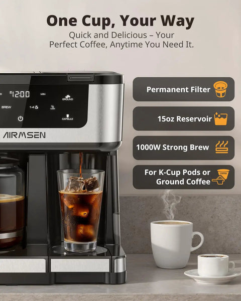 12 Cup Programmable Dual Coffee Maker With Single Serve And Multi Brew Modes For K Cup Pods And Ground Coffee, close-up view.