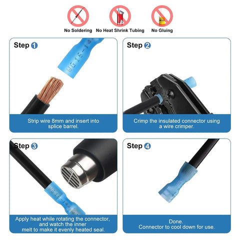 540 Piece Heat Shrink Wire Connectors Kit Pro Grade Waterproof Marine Grade Crimp Connectors installation steps illustrated