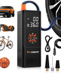 Portable Tire Inflator Air Compressor With Frosted Digital Gauge showing 36 PSI, includes accessories for car tires, bikes, and more.