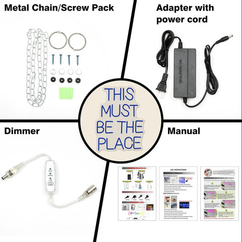 Components of This Must Be The Place Neon Sign Blue Custom Neon Wall Decor for easy installation, including chains, adapter, and manual.