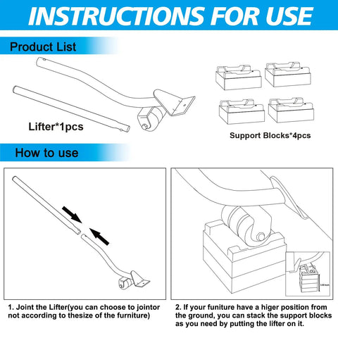 Diagram showing instructions for Heavy Duty Furniture Lifter Tool With Sliders And Wheels For Moving Heavy Sofas Refrigerators And Washing Machines Safe To Lift And Roll With Four Raise Blocks And One Lifter Tool Durable Metal Grey