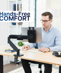 Level Up Your Workspace With This Height Adjustable Counterbalance Desk Mount For Tablets And 15 6 Inch Two In One Laptops Slick Spring Loaded Arm Rock Solid Grip Smooth Glide Finish Black, shown holding a tablet.