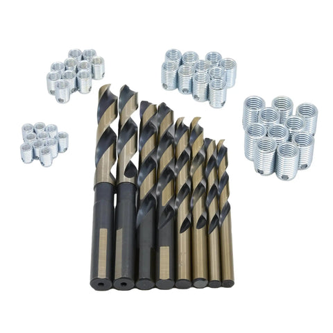Heavy Grip Self Locking Threaded Insert Kit With Thin Wall Metric Sizing For Solid Metal And Plastic Fix Ups Comes Complete With 46 Piece Professional Hard And Soft Hardware Assortment, featuring drill bits and threaded inserts.