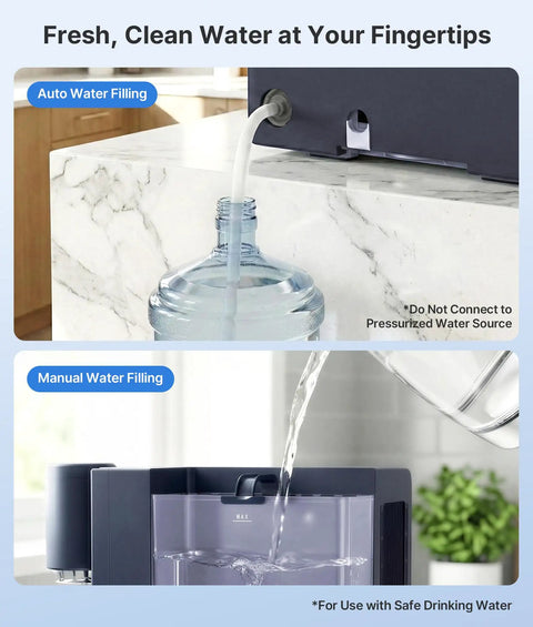 3 In 1 Water Dispenser With Ice Maker And Coffee Brewer Hot Cold And Warm Water On Demand Bullet Ice Ready In Minutes K Cup Pod Compatible Adjustable Water Volume Compact All In One For Home And Office showing auto and manual water filling options