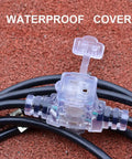50Ft Outdoor Power Extension Cord With Seven NEMA 5 15R Outlets 14 Gauge SJTW showing waterproof IP44 cap on 14 AWG cable
