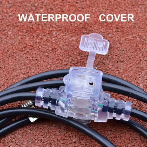 50Ft Outdoor Power Extension Cord With Seven NEMA 5 15R Outlets 14 Gauge SJTW showing waterproof IP44 cap on 14 AWG cable