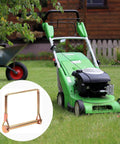 Green lawn mower on grass with inset of 10 Pack 5/16 Inch Trailer Coupler Wire Lock Pins Gold, 4 Inch Long, Heavy Duty Zinc Plated Carbon Steel Trailer Hitch Pins Built Tough For Secure Towing, Rust Resistant, Durable Quick Pin Locks