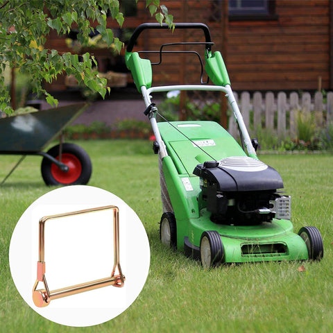 Green lawn mower on grass with inset of 10 Pack 5/16 Inch Trailer Coupler Wire Lock Pins Gold, 4 Inch Long, Heavy Duty Zinc Plated Carbon Steel Trailer Hitch Pins Built Tough For Secure Towing, Rust Resistant, Durable Quick Pin Locks
