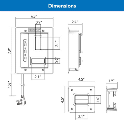 In Wall TV Cable Concealer Kit With Recessed Power Triple Outlet 9 Ft Cord And Hand Saw For Easy Safe Cable Management And A Clean Modern Look In Living Rooms Bedrooms And Home Theaters dimension diagram with front and side views