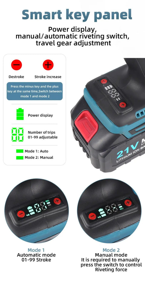 Smart key panel showing power display and settings for A Straight Up Badass Cordless Electric Rivet Nut Gun Set.