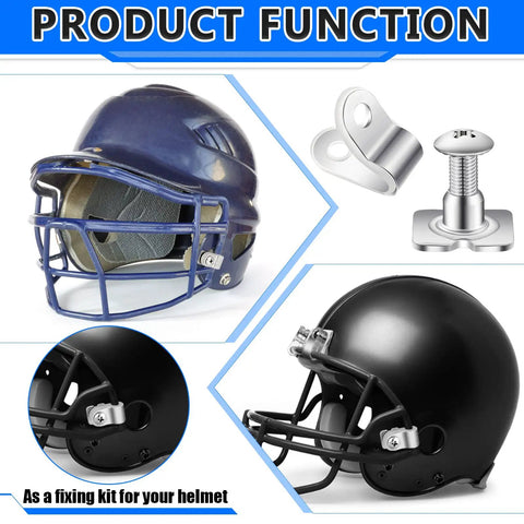 32 Piece Helmet Repair Kit with R Clips, Screws, Nuts and Rubber Gaskets for football, hockey, and baseball gear display.