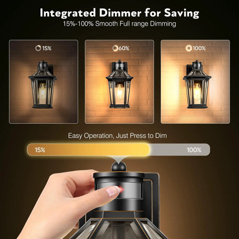 Dimmer feature of Motion Sensor Outdoor Light Fixture 2 Pack Dusk To Dawn, Wall Mount Aluminum Coach Lanterns showing brightness levels.