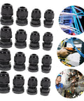 20 Pack Nylon Cable Gland Kit Black Waterproof Sealing For Electrical Cable Connectors with PG16 to PG8 sizes shown in use