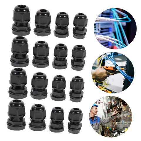 20 Pack Nylon Cable Gland Kit Black Waterproof Sealing For Electrical Cable Connectors with PG16 to PG8 sizes shown in use