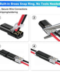 Double Wire Plug In Connectors Pack Of 20 For Low Voltage DC Projects 22-18 AWG Wire 2 Pin Quick Snap Connectors Ideal For LED Light Strips Car Audio DIY Wiring And Electronics showing installation process with step-by-step images for fast and secure connections.
