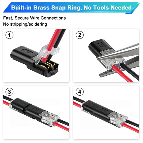 Double Wire Plug In Connectors Pack Of 20 For Low Voltage DC Projects 22-18 AWG Wire 2 Pin Quick Snap Connectors Ideal For LED Light Strips Car Audio DIY Wiring And Electronics showing installation process with step-by-step images for fast and secure connections.
