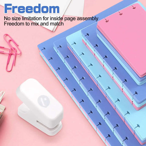 Mini Mushroom Hole Punch 1 Hole Puncher with pink and blue notebooks, compact size for school and office crafts, punches 3 sheets of A4