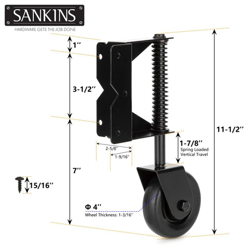 Spring Loaded Gate Caster For Wooden Gates And PVC Fences With 4 Inch Wheel, Heavy Duty Gate Wheel Caster with measurements.
