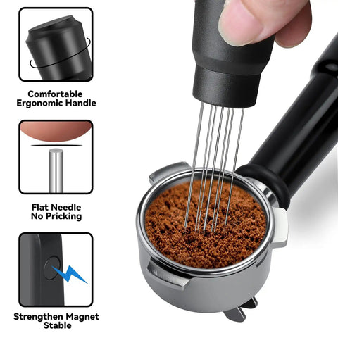 Espresso Distribution Tool and Portafilter Holder for Ninja Espresso Machines ES601 ES701, shown leveling coffee grounds.