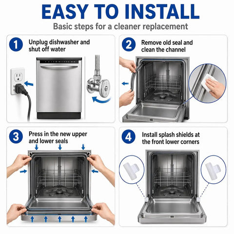 Installation steps for Complete Dishwasher Door Seal Kit With Bottom Gasket And Splash Shields Replacement Set