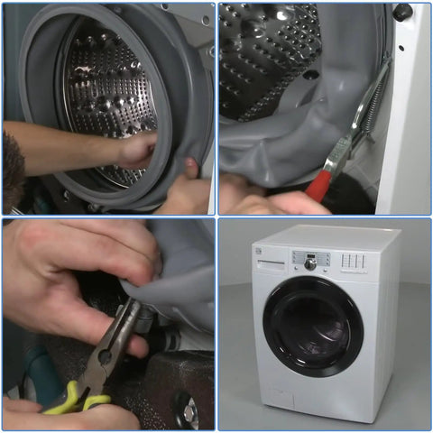 Installation of Washer Door Gasket Replacement MDS47123619 for Front Load Washers, features pliers, tools, and finished machine view.