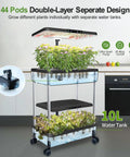 Indoor Hydroponic Garden System With LED Grow Light Dual Tier 44 Pod Kit showing plants under adjustable 180° light panel