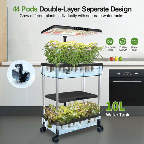 Indoor Hydroponic Garden System With LED Grow Light Dual Tier 44 Pod Kit showing plants under adjustable 180° light panel