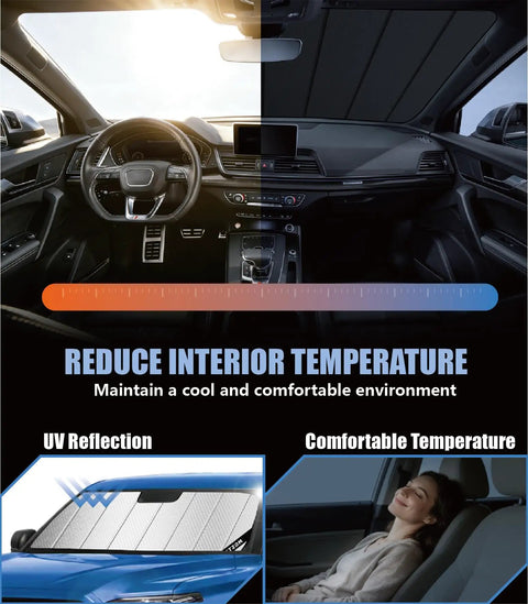 Ford F150 Windshield Sun Shade Custom Fit For 2021 To 2026 inside car, showing temperature effect, foldable and insulated.