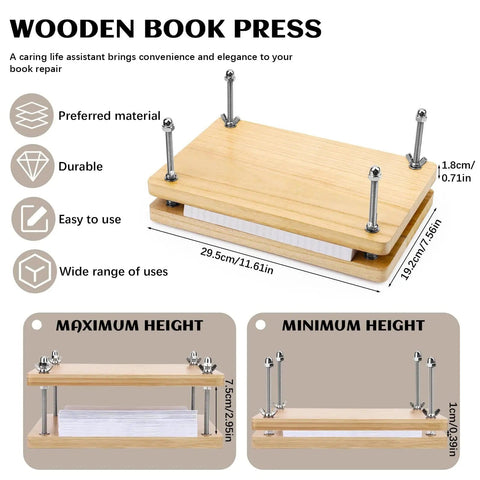 Wooden Book Press Kit For DIY Bookbinding 7.9 By 11.6 Inches Portable And Easy To Assemble, shown at maximum and minimum height settings.