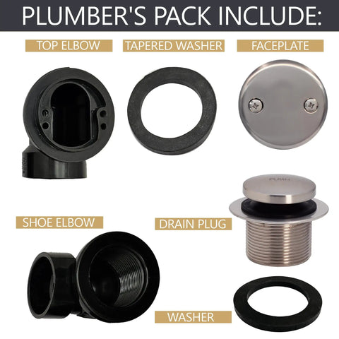 Dang Tight Fit Tip Toe Bathtub Drain Plug For SCH 40 Abs Lines With Two Hole Elbows And Sweet Satin Nickel Trim featuring drain components including washers and elbows.