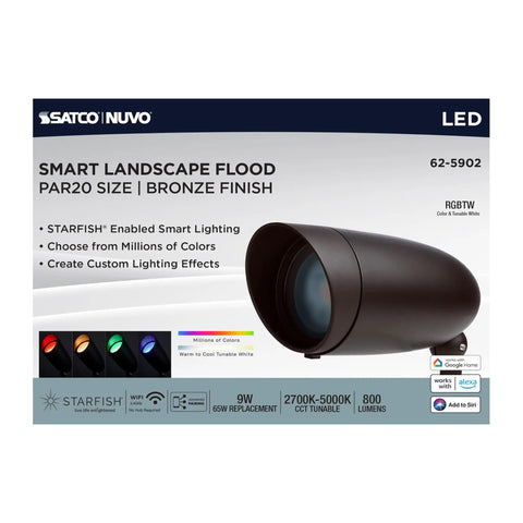 Premium 9 Watt Smart Led Landscape Floodlight 12 Pack in bronze finish displayed with features and colors to enhance outdoor lighting.
