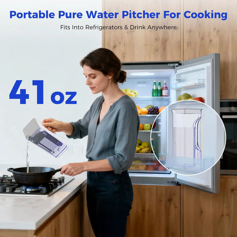 Portable Pure Water Pitcher for Cooking, 41 oz, fits in fridges and ideal for everyday use.