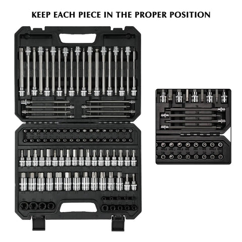 Ultimate 107 Piece Bit Socket Set With One Quarter Inch, One Eighth Inch, And One Half Inch Drive Hex Tamper Proof Torx Long Ball End Sockets, S2 Alloy Steel Bits Plus Chrome Vanadium Base, SAE And Metric Sizes For Pros
