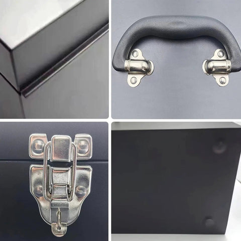Portable 16 Inch Metal Toolbox With Heavy Duty 18 Gauge Steel Construction Black Large Tool Box Drawer Organizer Tackle Box Style With Metal Latch And Handle Corrosion Resistant Powder Coat For Home Garage Workshop featuring metal latch, handle, and corner details.