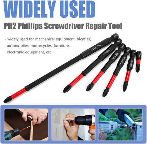 12 Pack Phillips Bits And Magnetic Screwdriver Bit Set With Heavy Duty S2 Steel PH2 Drill Bits showcasing various sizes for versatile repair.
