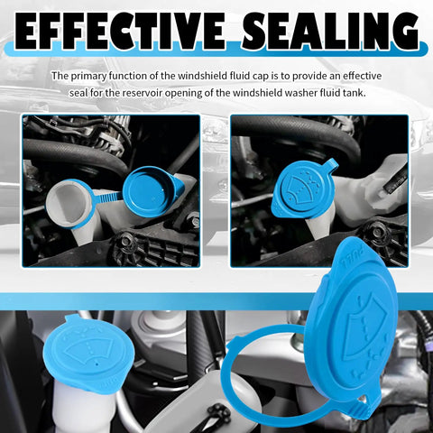 Leak-Proof Windshield Washer Fluid Cap OEM 38513-SC4-672 shown installed on a reservoir with close-up of blue cap and strap