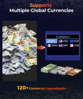 IMC22 Money Counter Machine For Mixed Denominations And Multi Currency, showing supported currencies USD MXN COP CAD.