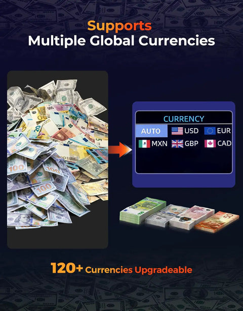IMC22 Money Counter Machine For Mixed Denominations And Multi Currency, showing supported currencies USD MXN COP CAD.