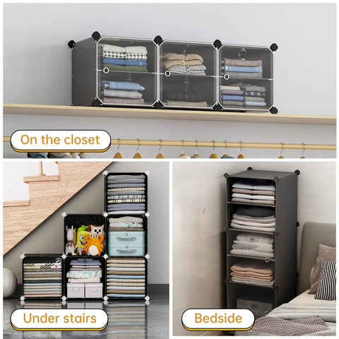 3 Cube Storage Organizer With Doors, Stackable Cubby Shelf For Bedroom And Living Room, Easy Assembly, in various settings