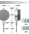 Clockwise Tools digital indicator with magnetic base; silver round dial; front and side views show metric and inch reads