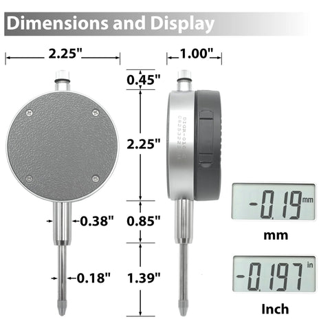 Clockwise Tools digital indicator with magnetic base; silver round dial; front and side views show metric and inch reads