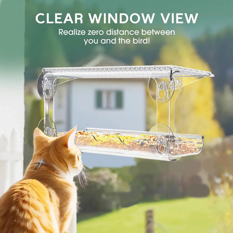 Clear Window Bird Feeder With Strong Suction Cups For Outdoors Watch Birds Up Close From Inside Your Home installed on window.