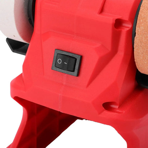 Close-up of the control switch on the Hassle Free Cordless Mini Bench Grinder Spinning At 5500 Rpm for metal polishing.
