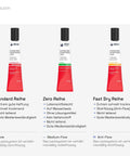 Comparison of three 20 ml adhesive tubes from different series labeled Standard, Zero, and Fast Dry.