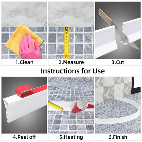 Instructions for use of Heavy Duty 3 Inch Rise Shower Threshold Water Dam Adhesive Leak Blocker Guards Bathrooms.