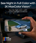 Solid Outdoor Wireless Security Camera Featuring Hella Clear 2K Max Color Night Vision And Kickass Ai Face Tracking Plus Smooth Solar Charging For No Fuss Home Protection showing 2K night vision footage on a mobile device.