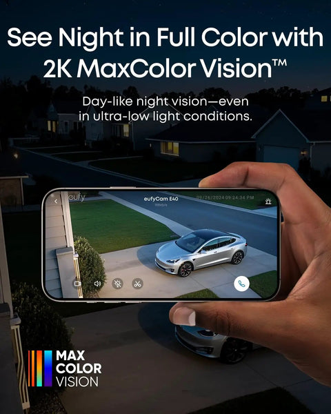 Solid Outdoor Wireless Security Camera Featuring Hella Clear 2K Max Color Night Vision And Kickass Ai Face Tracking Plus Smooth Solar Charging For No Fuss Home Protection showing 2K night vision footage on a mobile device.